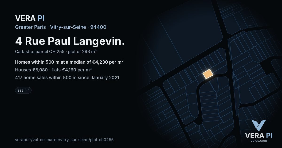 4 Rue Paul Langevin, Vitry-sur-Seine at night – the plot lit, the parcels around coloured by the prices near them