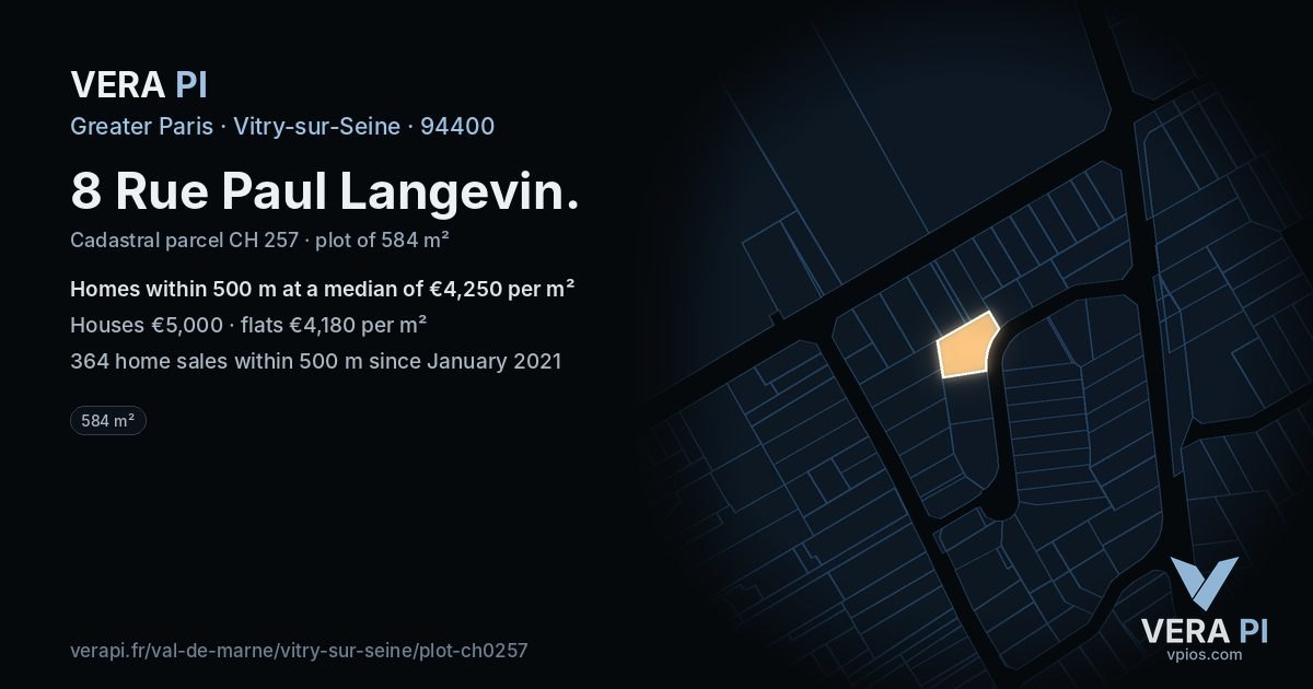 8 Rue Paul Langevin, Vitry-sur-Seine at night – the plot lit, the parcels around coloured by the prices near them