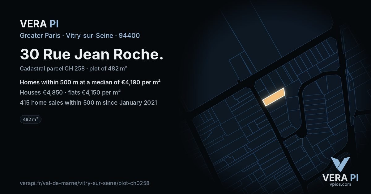 30 Rue Jean Roche, Vitry-sur-Seine at night – the plot lit, the parcels around coloured by the prices near them