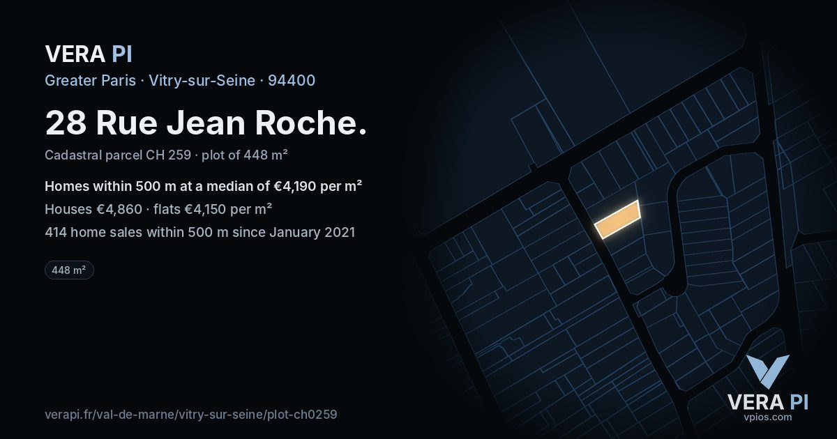 28 Rue Jean Roche, Vitry-sur-Seine at night – the plot lit, the parcels around coloured by the prices near them