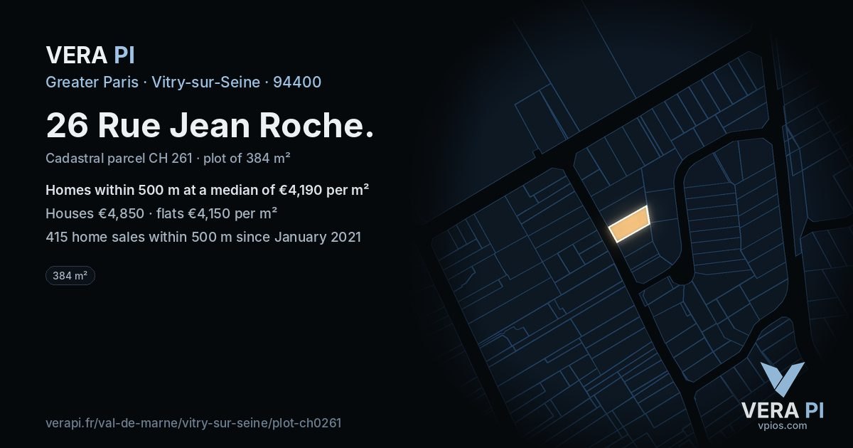 26 Rue Jean Roche, Vitry-sur-Seine at night – the plot lit, the parcels around coloured by the prices near them