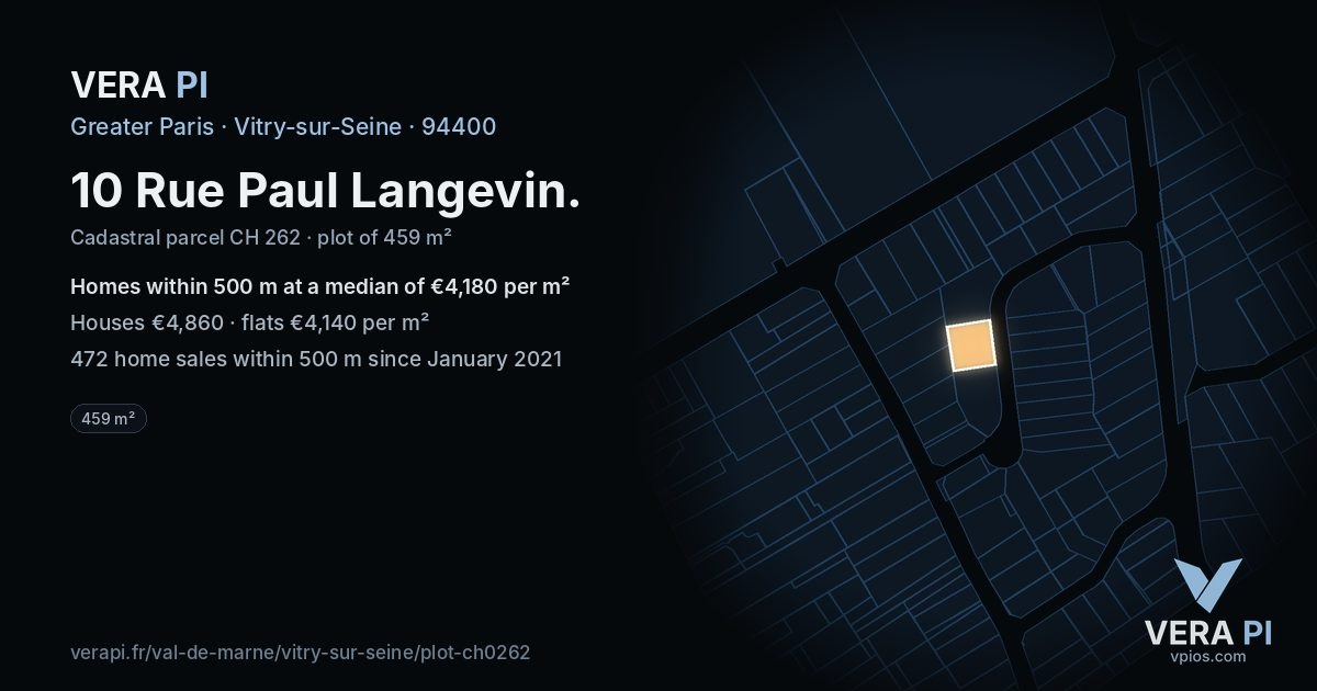 10 Rue Paul Langevin, Vitry-sur-Seine at night – the plot lit, the parcels around coloured by the prices near them