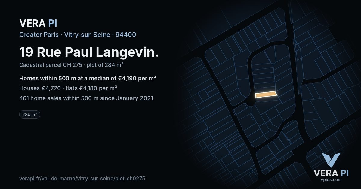 19 Rue Paul Langevin, Vitry-sur-Seine at night – the plot lit, the parcels around coloured by the prices near them