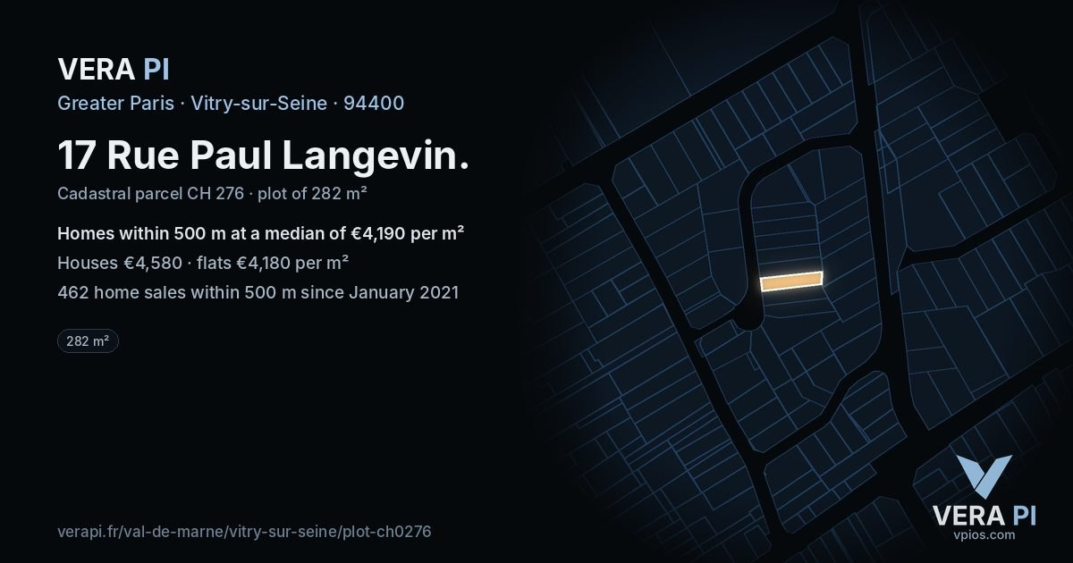 17 Rue Paul Langevin, Vitry-sur-Seine at night – the plot lit, the parcels around coloured by the prices near them