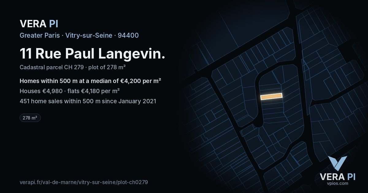 11 Rue Paul Langevin, Vitry-sur-Seine at night – the plot lit, the parcels around coloured by the prices near them