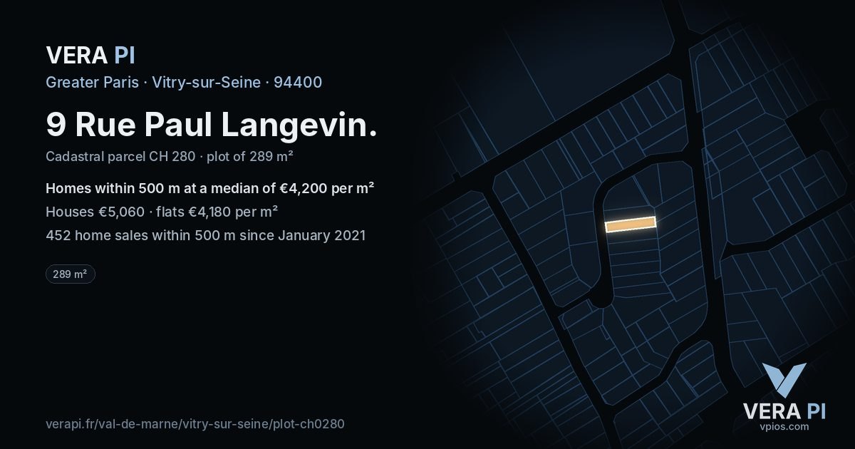 9 Rue Paul Langevin, Vitry-sur-Seine at night – the plot lit, the parcels around coloured by the prices near them