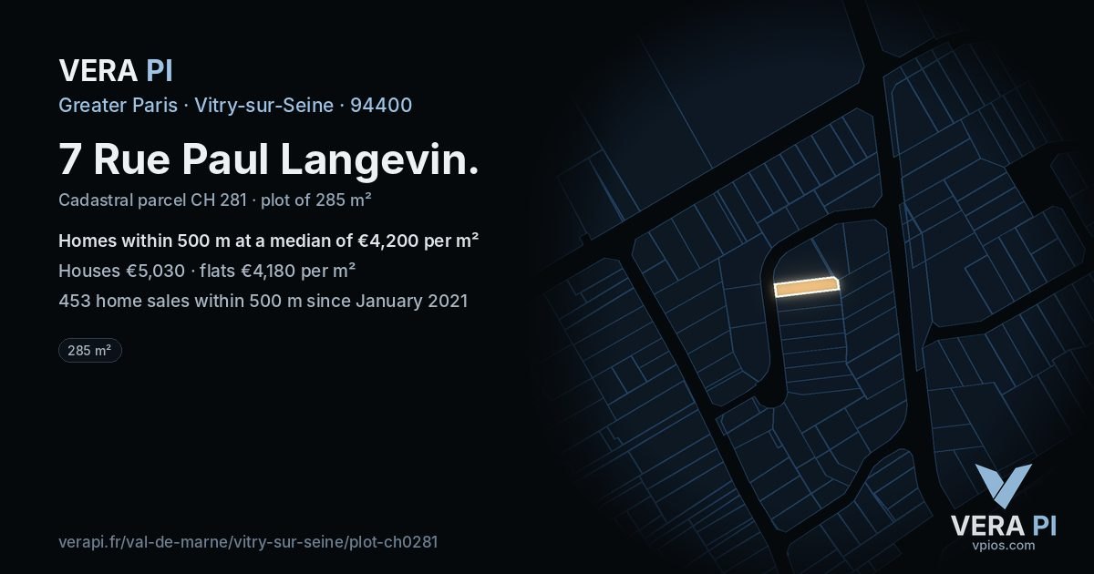7 Rue Paul Langevin, Vitry-sur-Seine at night – the plot lit, the parcels around coloured by the prices near them