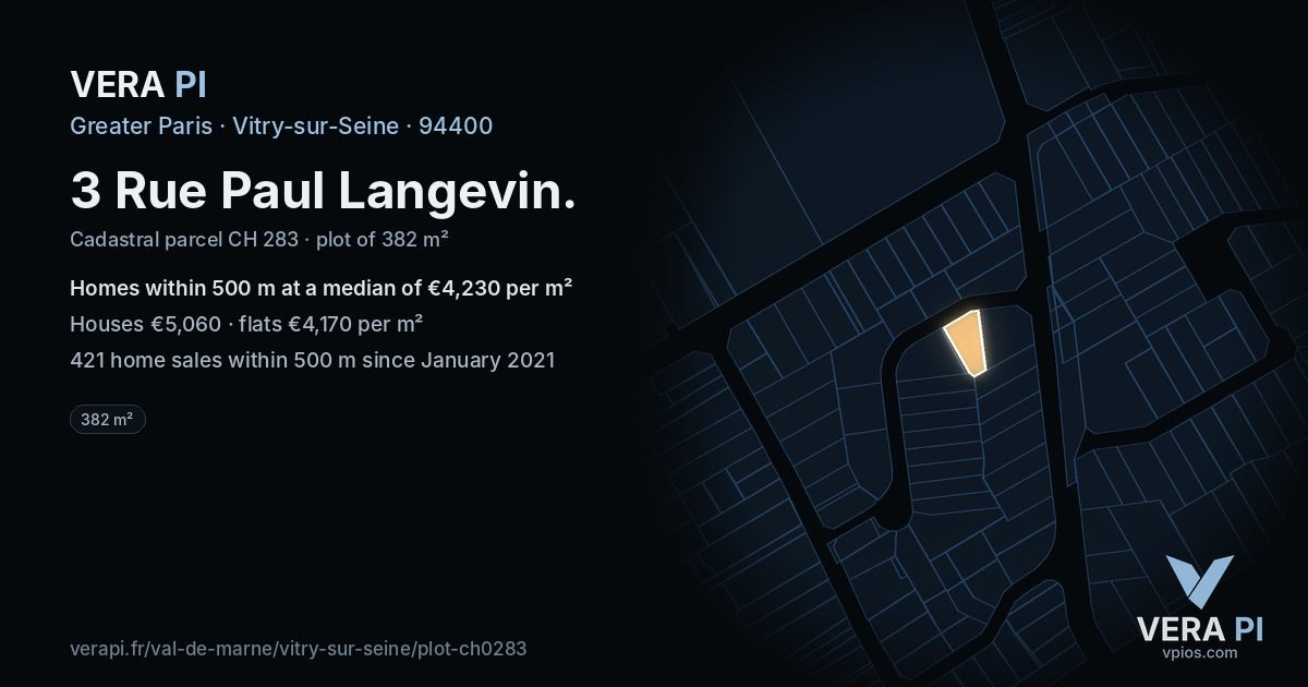 3 Rue Paul Langevin, Vitry-sur-Seine at night – the plot lit, the parcels around coloured by the prices near them