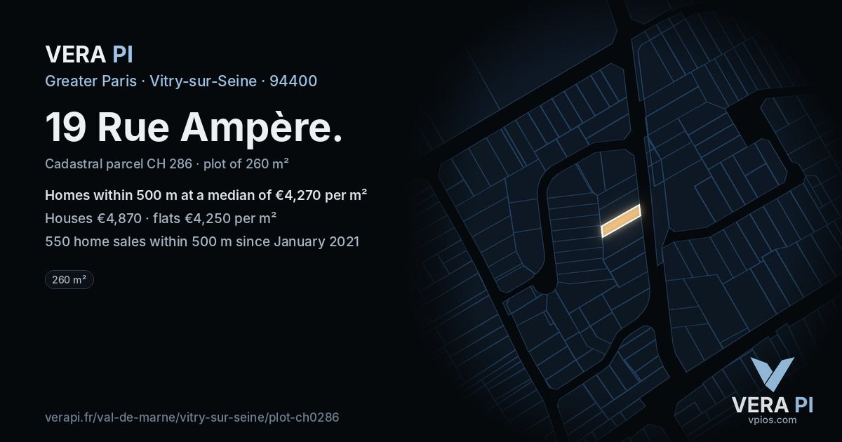 19 Rue Ampère, Vitry-sur-Seine at night – the plot lit, the parcels around coloured by the prices near them