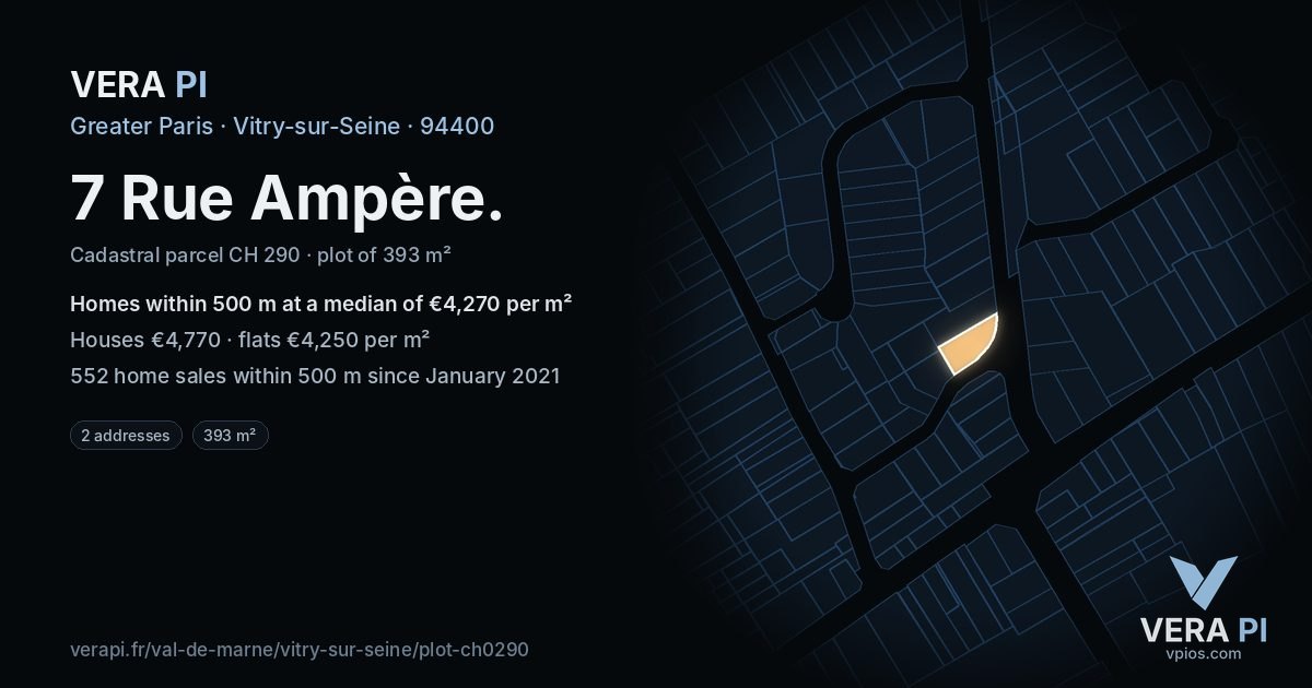 7 Rue Ampère, Vitry-sur-Seine at night – the plot lit, the parcels around coloured by the prices near them