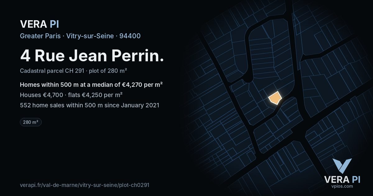 4 Rue Jean Perrin, Vitry-sur-Seine at night – the plot lit, the parcels around coloured by the prices near them