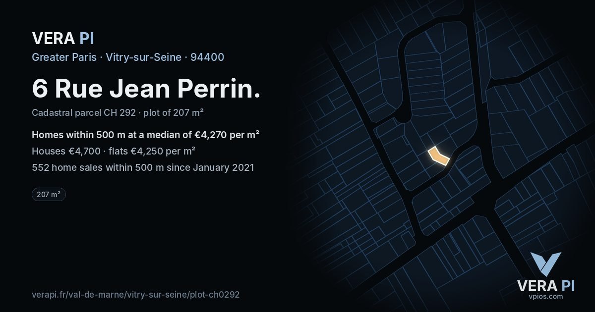 6 Rue Jean Perrin, Vitry-sur-Seine at night – the plot lit, the parcels around coloured by the prices near them
