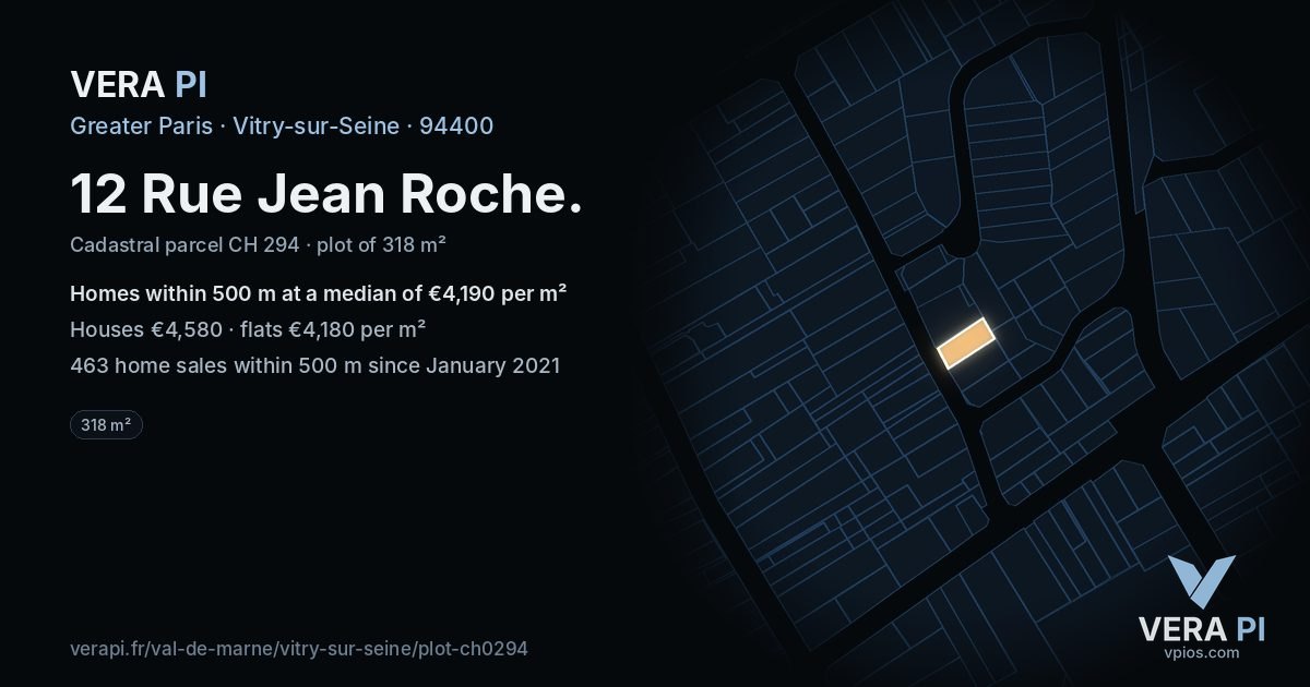 12 Rue Jean Roche, Vitry-sur-Seine at night – the plot lit, the parcels around coloured by the prices near them