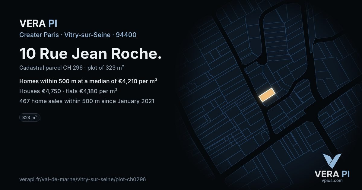 10 Rue Jean Roche, Vitry-sur-Seine at night – the plot lit, the parcels around coloured by the prices near them