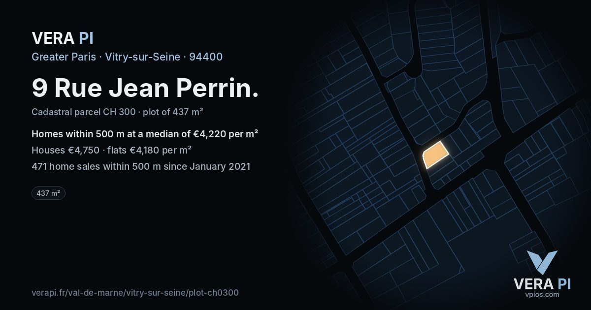 9 Rue Jean Perrin, Vitry-sur-Seine at night – the plot lit, the parcels around coloured by the prices near them