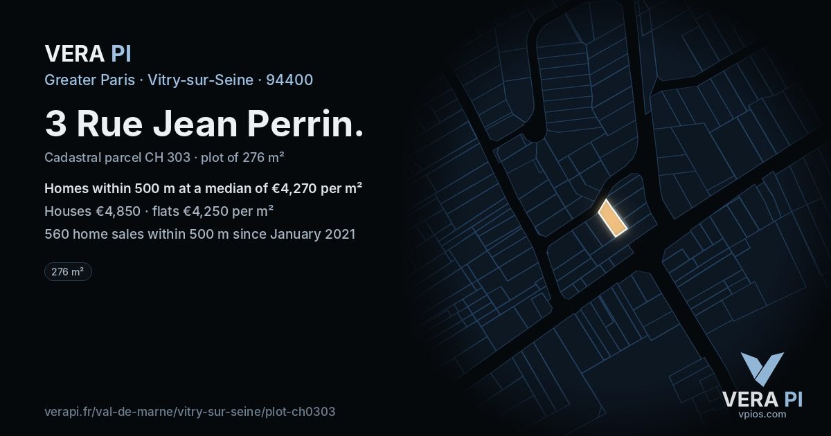 3 Rue Jean Perrin, Vitry-sur-Seine at night – the plot lit, the parcels around coloured by the prices near them