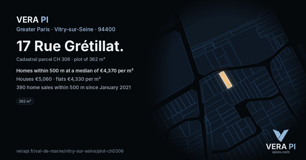 17 Rue Grétillat, Vitry-sur-Seine at night – the plot lit, the parcels around coloured by the prices near them
