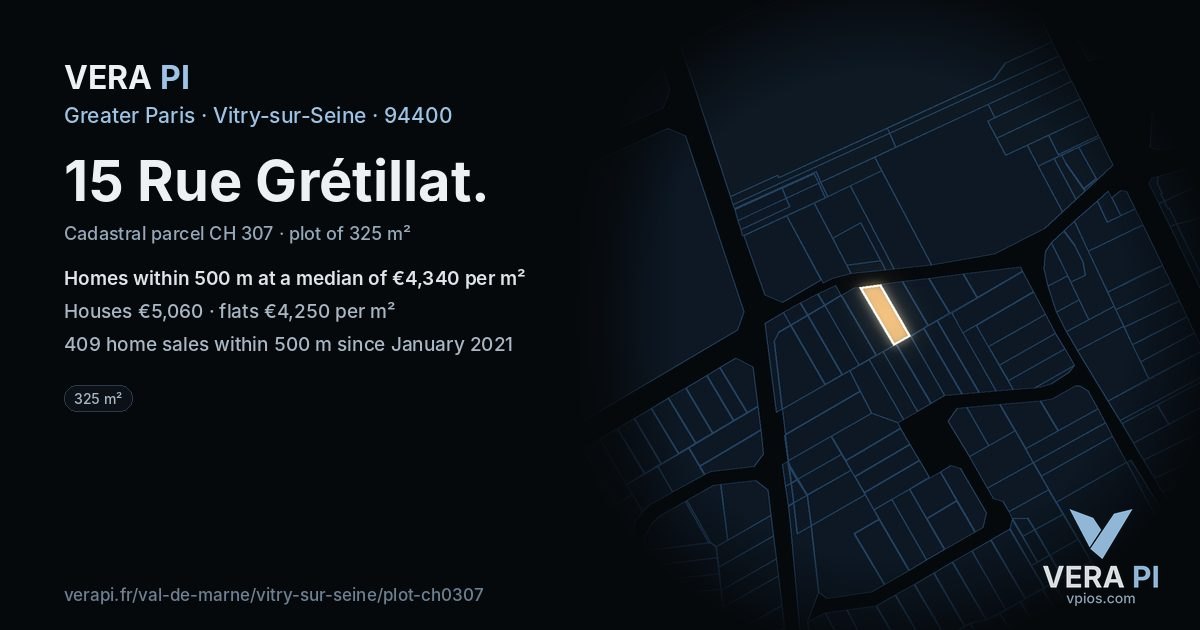 15 Rue Grétillat, Vitry-sur-Seine at night – the plot lit, the parcels around coloured by the prices near them