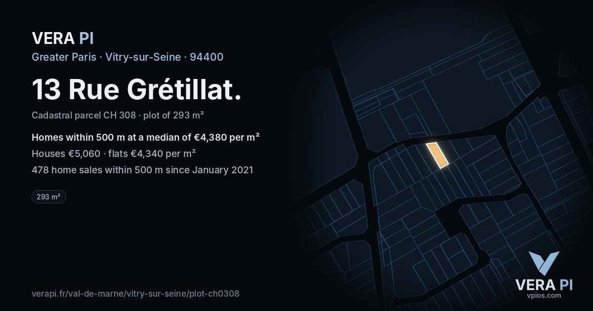 13 Rue Grétillat, Vitry-sur-Seine at night – the plot lit, the parcels around coloured by the prices near them