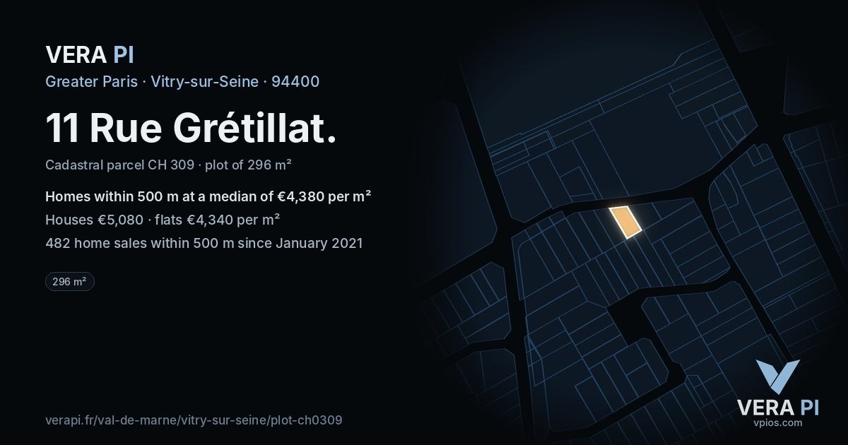 11 Rue Grétillat, Vitry-sur-Seine at night – the plot lit, the parcels around coloured by the prices near them