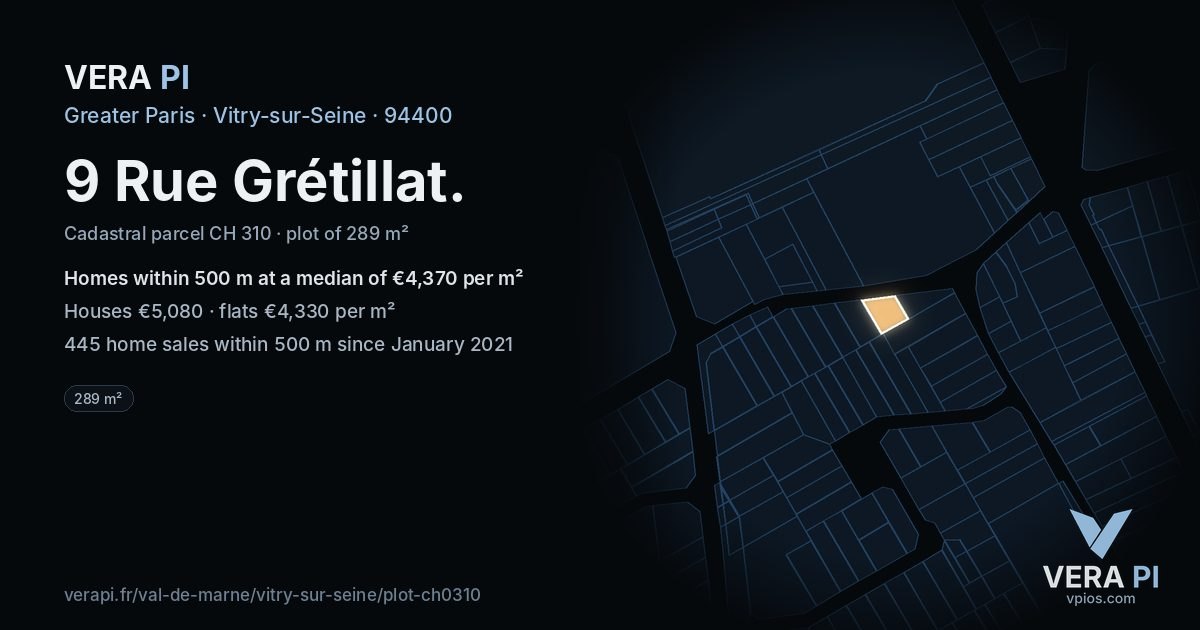 9 Rue Grétillat, Vitry-sur-Seine at night – the plot lit, the parcels around coloured by the prices near them