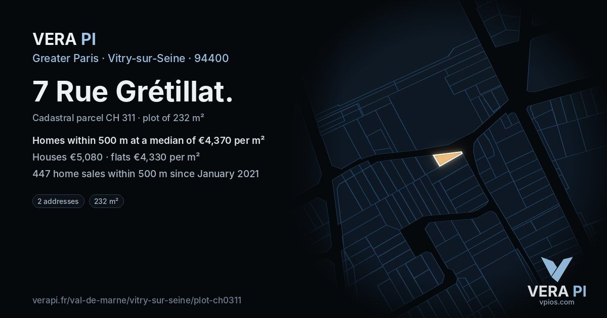 7 Rue Grétillat, Vitry-sur-Seine at night – the plot lit, the parcels around coloured by the prices near them
