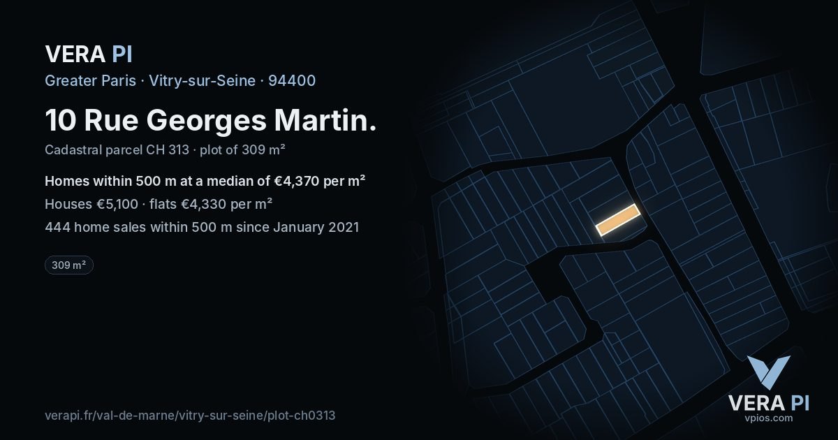 10 Rue Georges Martin, Vitry-sur-Seine at night – the plot lit, the parcels around coloured by the prices near them