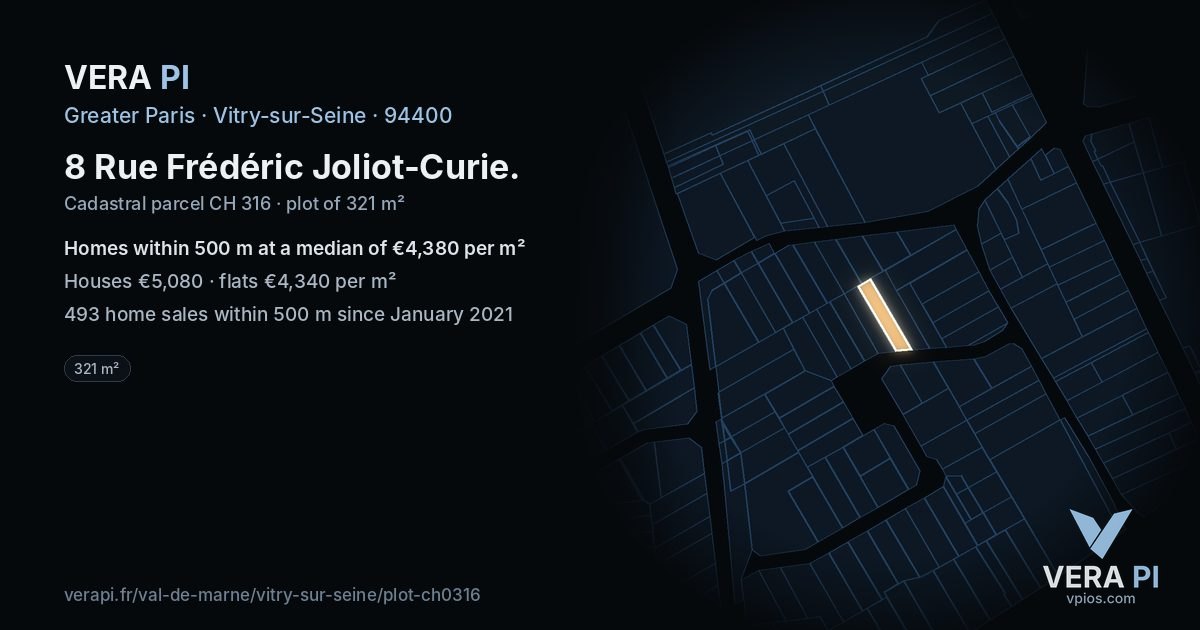 8 Rue Frédéric Joliot-Curie, Vitry-sur-Seine at night – the plot lit, the parcels around coloured by the prices near them