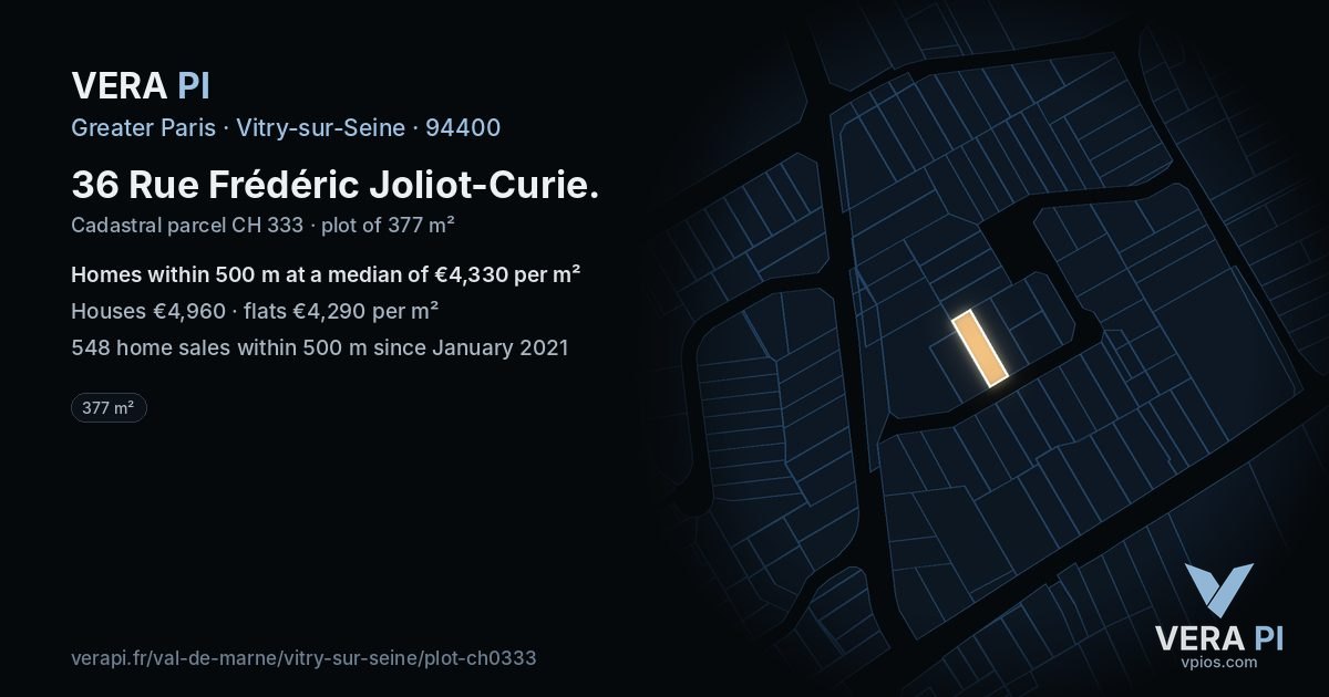 36 Rue Frédéric Joliot-Curie, Vitry-sur-Seine at night – the plot lit, the parcels around coloured by the prices near them