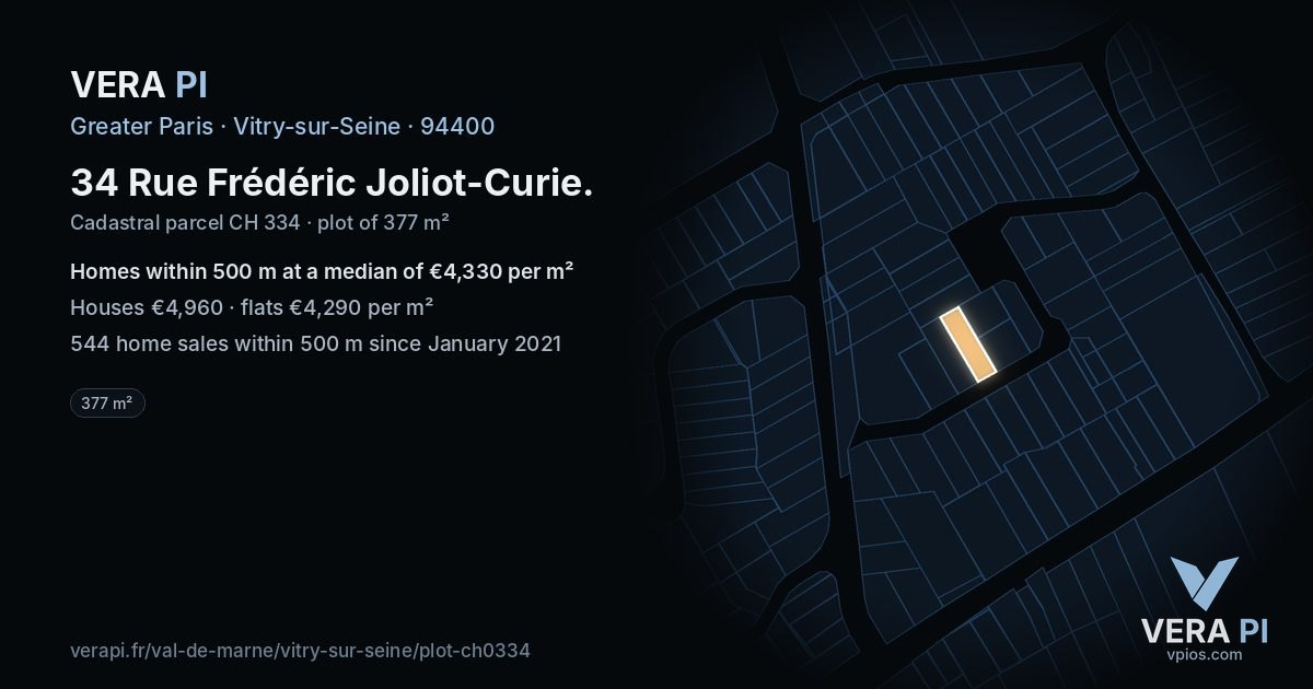 34 Rue Frédéric Joliot-Curie, Vitry-sur-Seine at night – the plot lit, the parcels around coloured by the prices near them