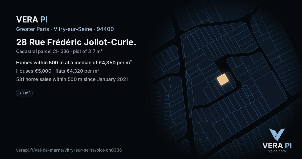 28 Rue Frédéric Joliot-Curie, Vitry-sur-Seine at night – the plot lit, the parcels around coloured by the prices near them