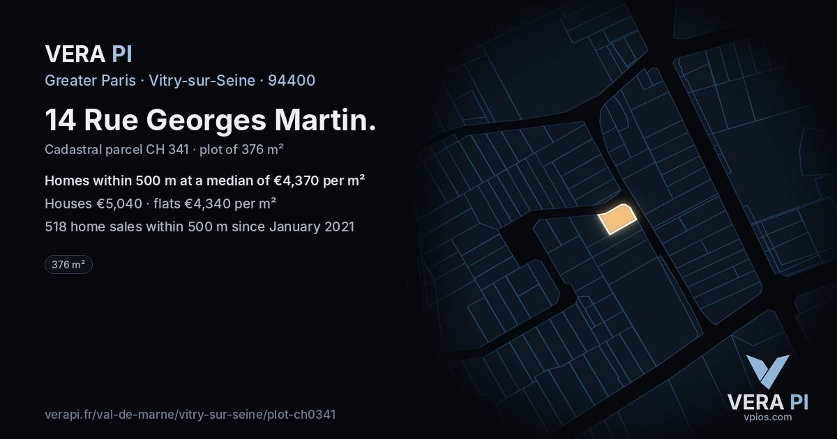 14 Rue Georges Martin, Vitry-sur-Seine at night – the plot lit, the parcels around coloured by the prices near them