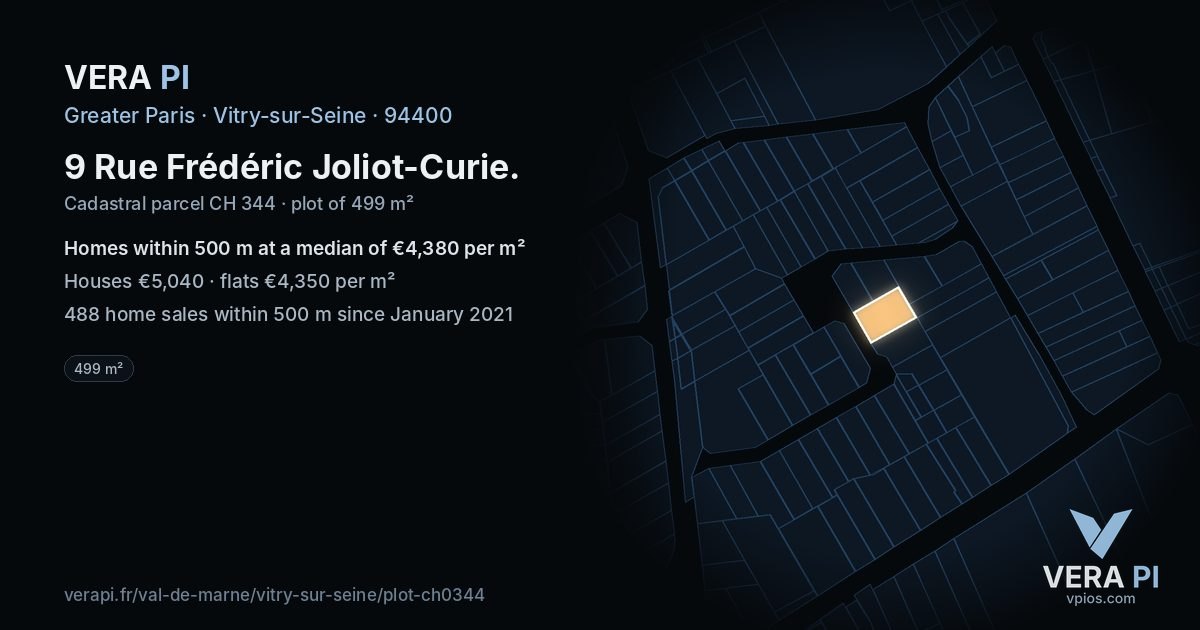 9 Rue Frédéric Joliot-Curie, Vitry-sur-Seine at night – the plot lit, the parcels around coloured by the prices near them