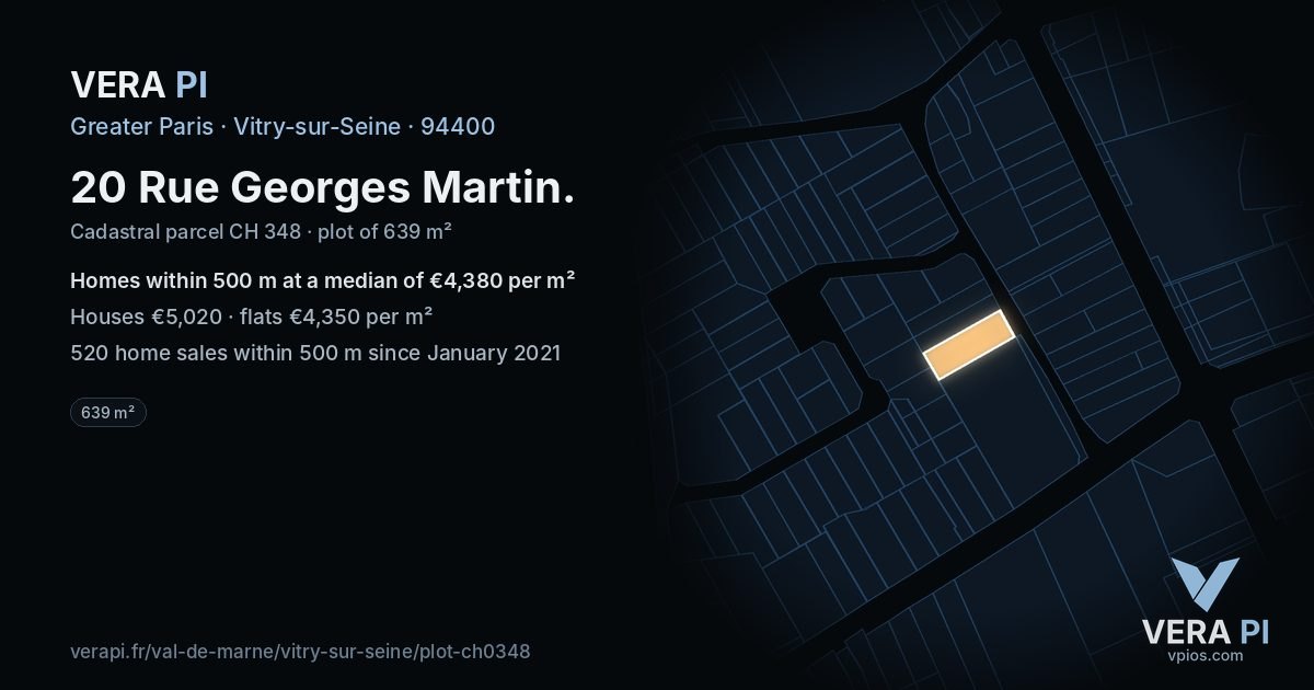 20 Rue Georges Martin, Vitry-sur-Seine at night – the plot lit, the parcels around coloured by the prices near them