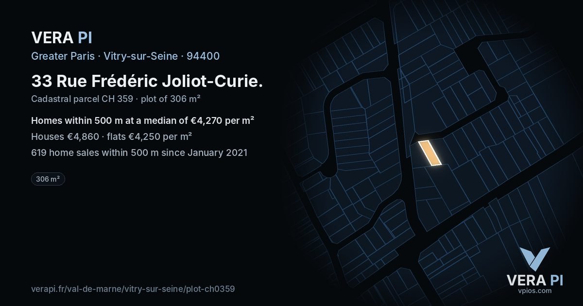33 Rue Frédéric Joliot-Curie, Vitry-sur-Seine at night – the plot lit, the parcels around coloured by the prices near them