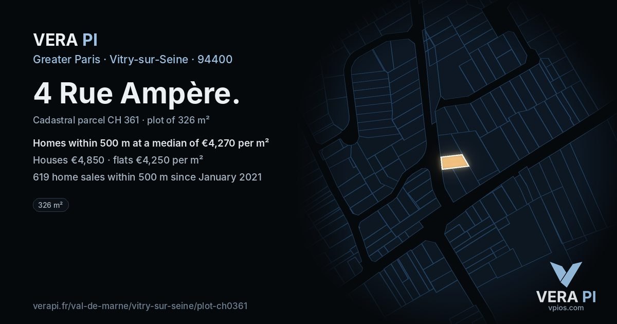 4 Rue Ampère, Vitry-sur-Seine at night – the plot lit, the parcels around coloured by the prices near them