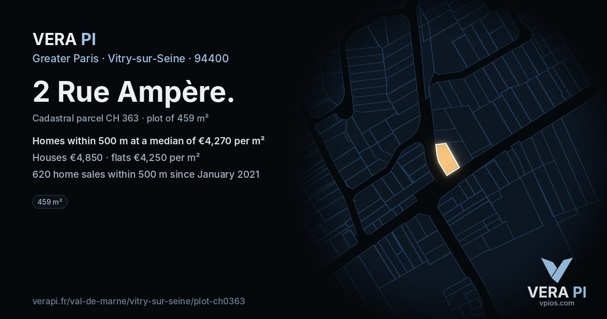 2 Rue Ampère, Vitry-sur-Seine at night – the plot lit, the parcels around coloured by the prices near them