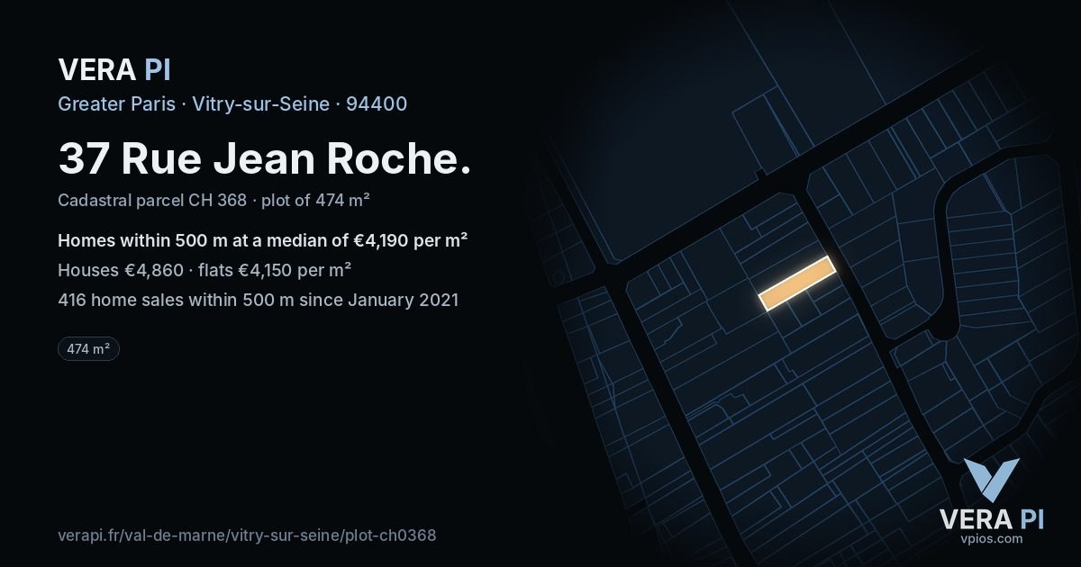 37 Rue Jean Roche, Vitry-sur-Seine at night – the plot lit, the parcels around coloured by the prices near them