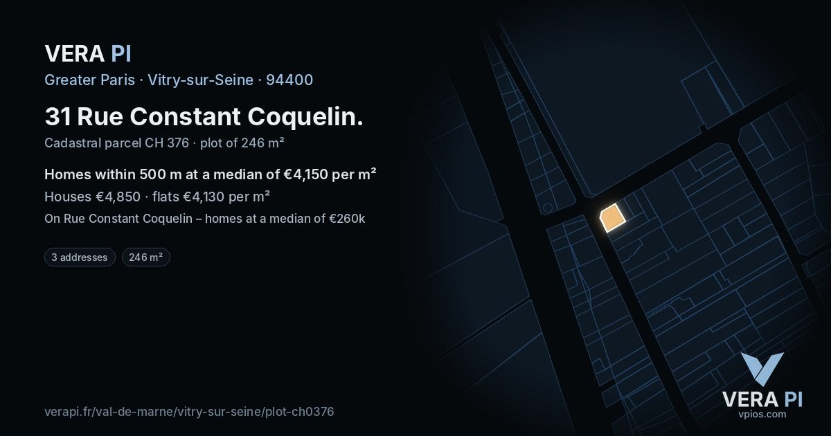 31 Rue Constant Coquelin, Vitry-sur-Seine at night – the plot lit, the parcels around coloured by the prices near them
