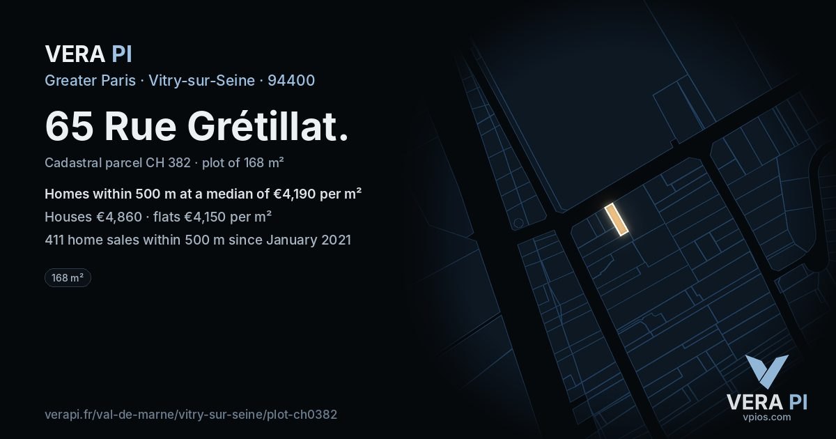 65 Rue Grétillat, Vitry-sur-Seine at night – the plot lit, the parcels around coloured by the prices near them