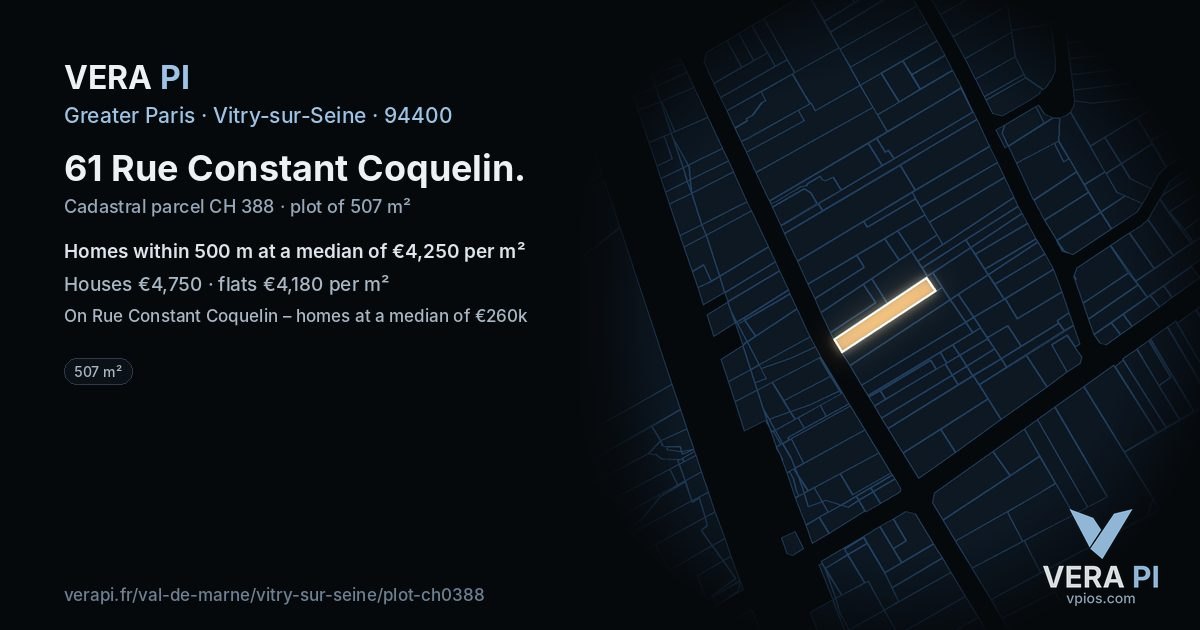 61 Rue Constant Coquelin, Vitry-sur-Seine at night – the plot lit, the parcels around coloured by the prices near them