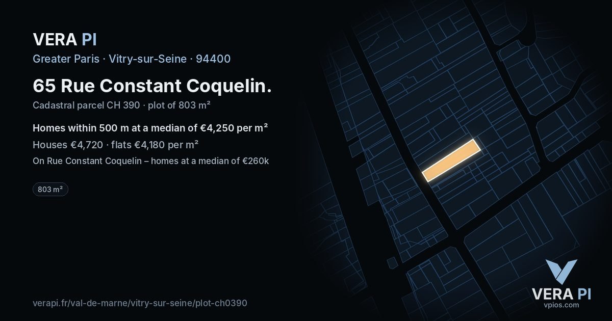 65 Rue Constant Coquelin, Vitry-sur-Seine at night – the plot lit, the parcels around coloured by the prices near them
