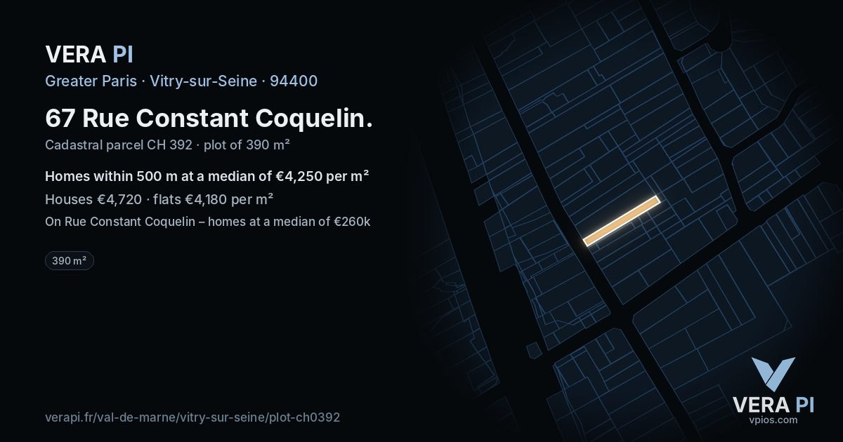 67 Rue Constant Coquelin, Vitry-sur-Seine at night – the plot lit, the parcels around coloured by the prices near them