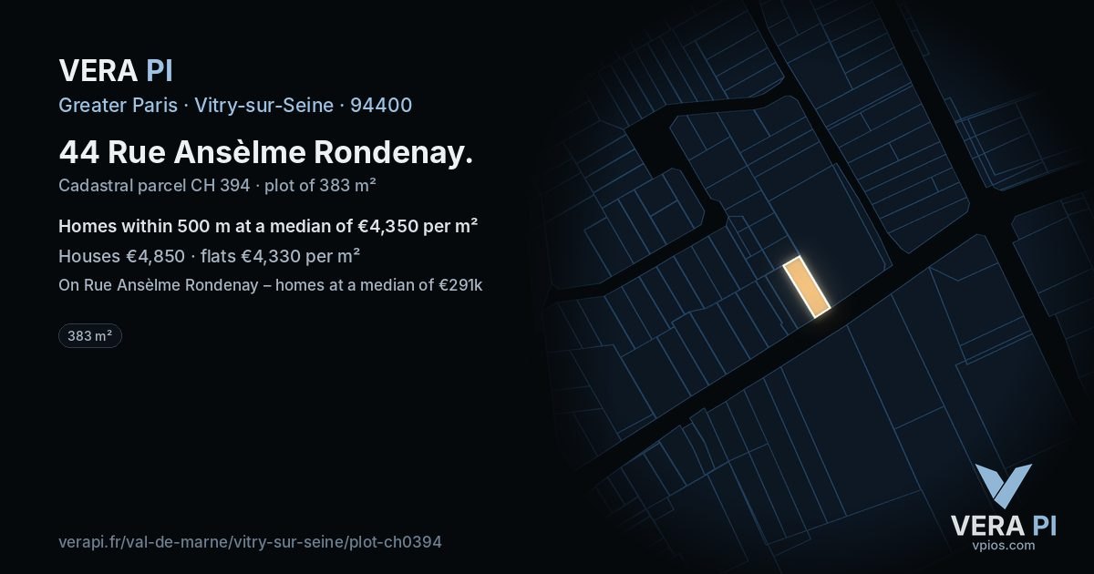44 Rue Ansèlme Rondenay, Vitry-sur-Seine at night – the plot lit, the parcels around coloured by the prices near them