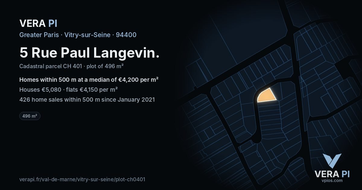 5 Rue Paul Langevin, Vitry-sur-Seine at night – the plot lit, the parcels around coloured by the prices near them