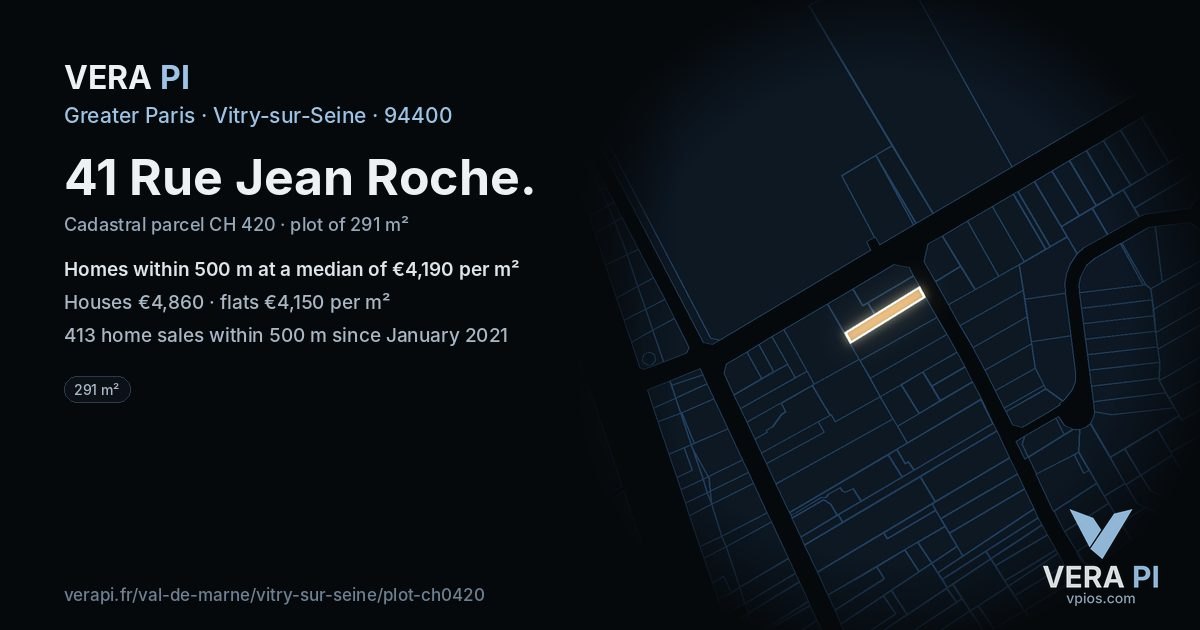 41 Rue Jean Roche, Vitry-sur-Seine at night – the plot lit, the parcels around coloured by the prices near them