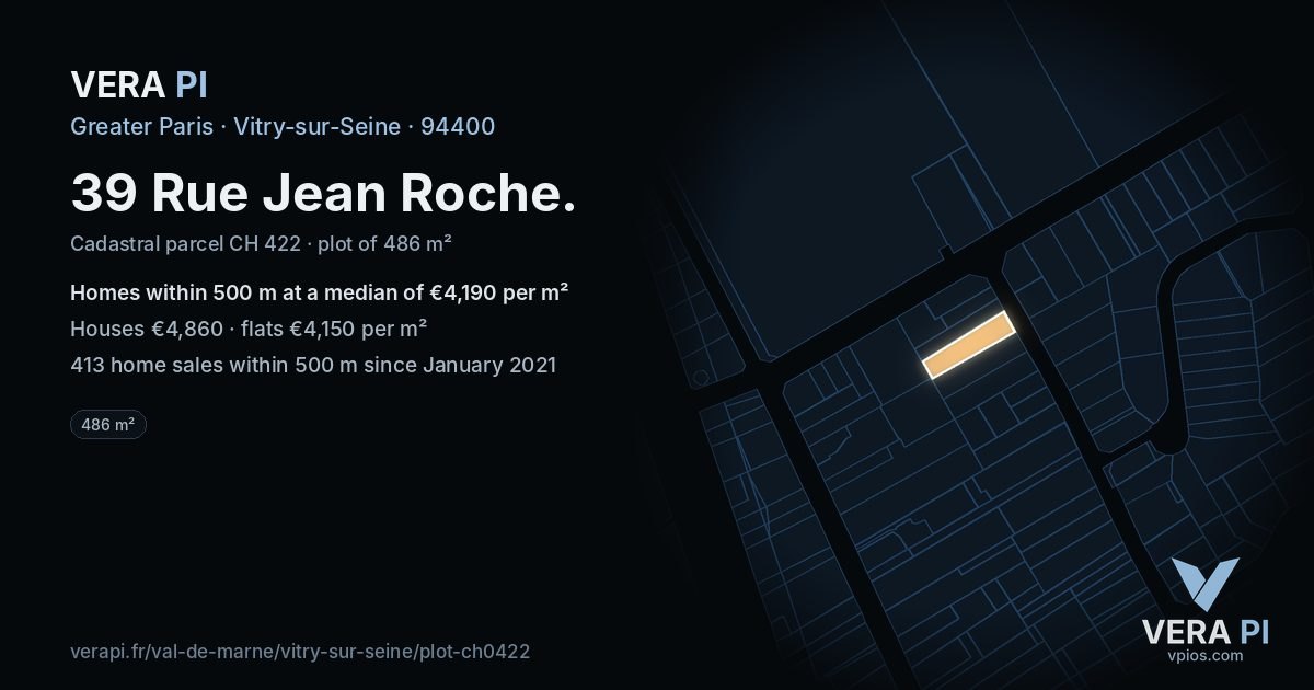 39 Rue Jean Roche, Vitry-sur-Seine at night – the plot lit, the parcels around coloured by the prices near them