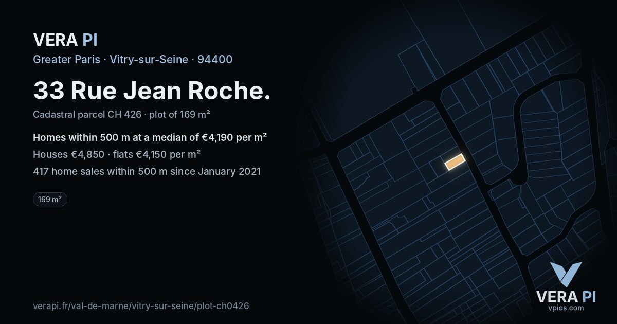 33 Rue Jean Roche, Vitry-sur-Seine at night – the plot lit, the parcels around coloured by the prices near them