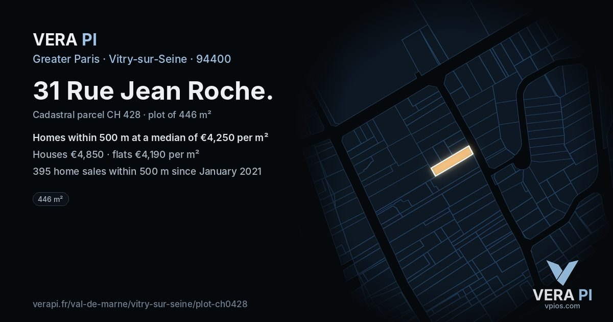 31 Rue Jean Roche, Vitry-sur-Seine at night – the plot lit, the parcels around coloured by the prices near them