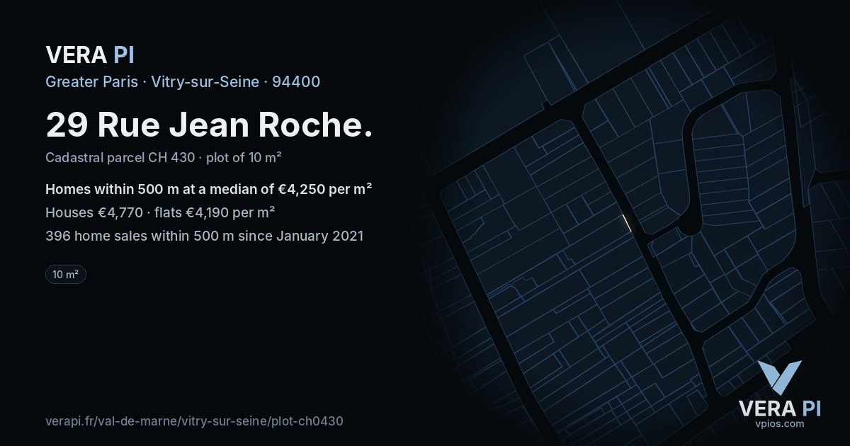 29 Rue Jean Roche, Vitry-sur-Seine at night – the plot lit, the parcels around coloured by the prices near them